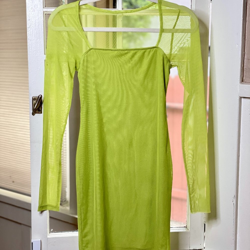 Slinky Lime Neon Green Mesh Long Sleeve Mini Dress